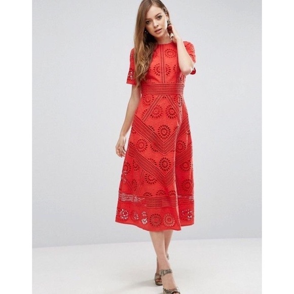 ASOS Premium Broderie Fabric Lace Eyelet Cocktail Red Cotton Midi Dress US 4 - Picture 8 of 12